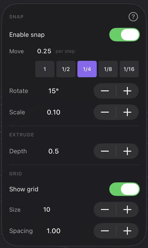 The Snap and Grid panel, with a help button at the top right: Enable snap is on, Move is 0.25 per step with the 1, 1/2, 1/4, 1/8 and 1/16 buttons below it and 1/4 chosen, Rotate is 15 degrees and Scale 0.10, then the Extrude depth, and Show grid on with a size of 10 and a spacing of 1.00.