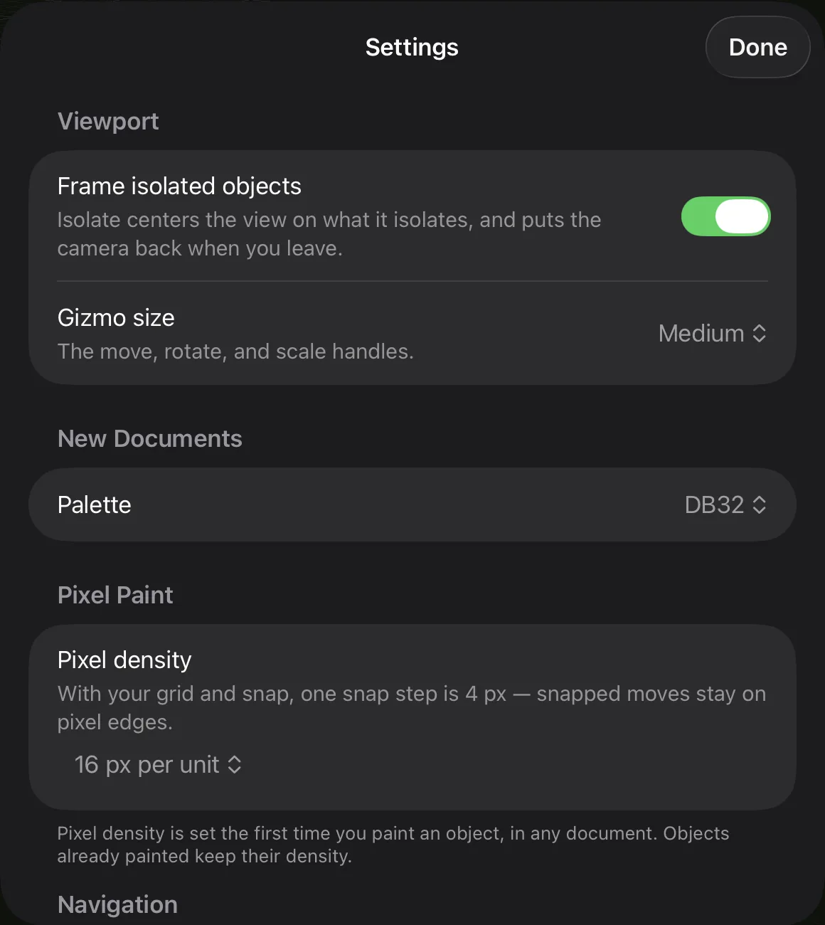 Settings on iPad: under Viewport, Frame isolated objects switched on and Gizmo size Medium; under New Documents, Palette DB32; under Pixel Paint, Pixel density 16 px per unit, with the note that one snap step is 4 px and snapped moves stay on pixel edges. Navigation follows below.