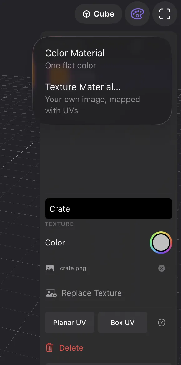 The same panel with the + menu open: Color Material, One flat color; Texture Material…, Your own image, mapped with UVs.