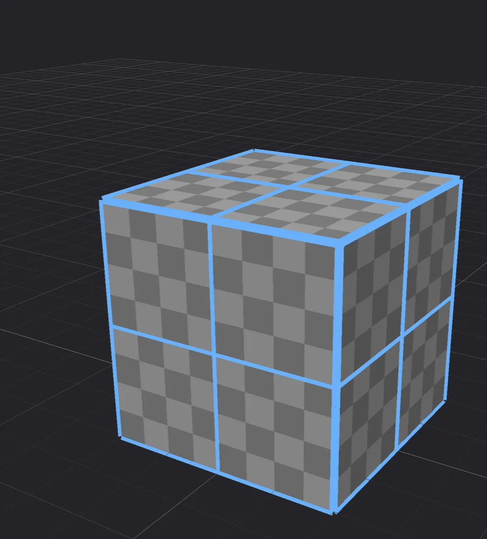 A cube with four faces per side and a new Texture material: a grey checker in the cube's color covers it, one checker per side, so it already has Box UVs.