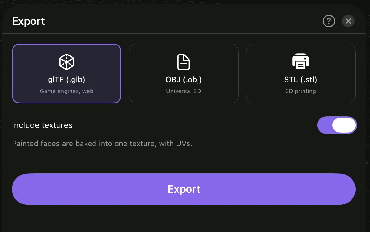 The Export sheet with glTF (.glb) chosen among glTF, OBJ and STL, the Include textures switch on, the note Painted faces are baked into one texture, with UVs, and the Export button.