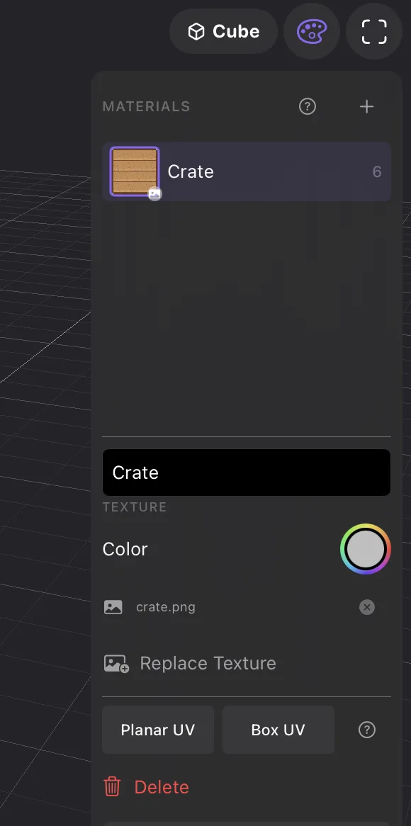 The Materials panel: the Crate material in the list with its image, then its name, crate.png, Replace Texture, the Planar UV and Box UV buttons, Delete, Assign to All Faces and Select Faces.