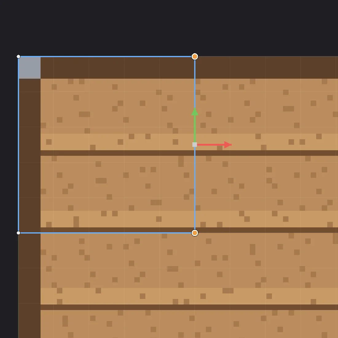 The UV editor in Vertex mode with Move chosen: a face's outline over the crate texture, and the two selected corners on its right edge, orange with a white ring, and the Move handle, a square with a red and a green arrow, between them.