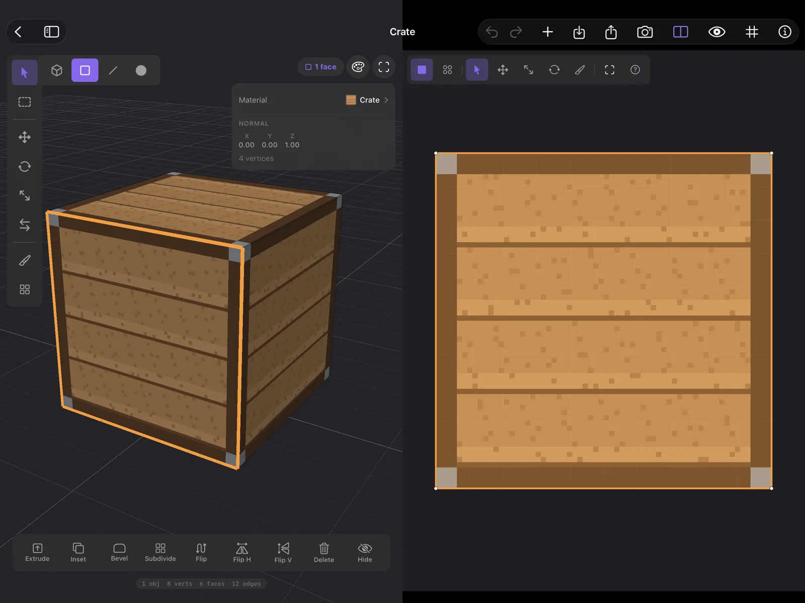 Qwartz on iPad with the UV editor open on the right: one face of a crate is selected in the 3D view on the left, and its UVs are outlined in blue around the crate texture.