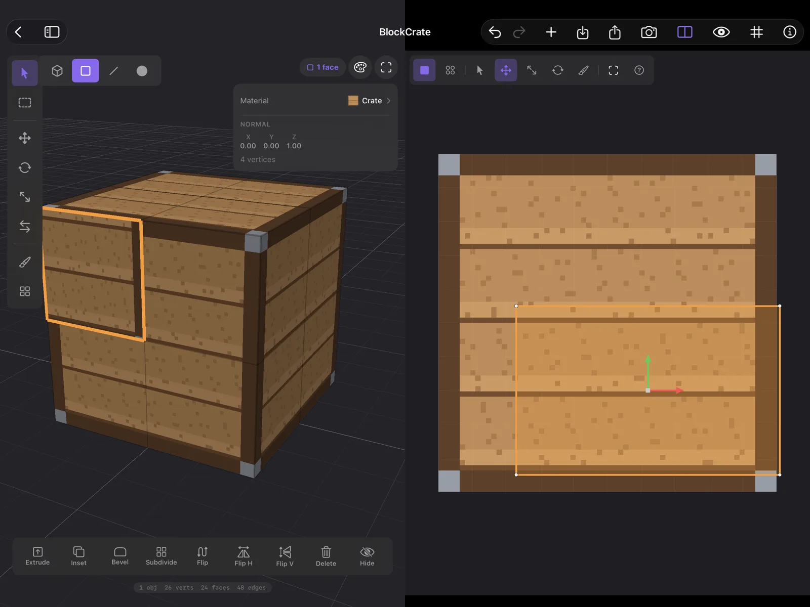 After moving: the face, filled and outlined in orange, sits over the lower right of the crate texture, and the selected face on the model, outlined in orange, shows the crate's lower right corner.